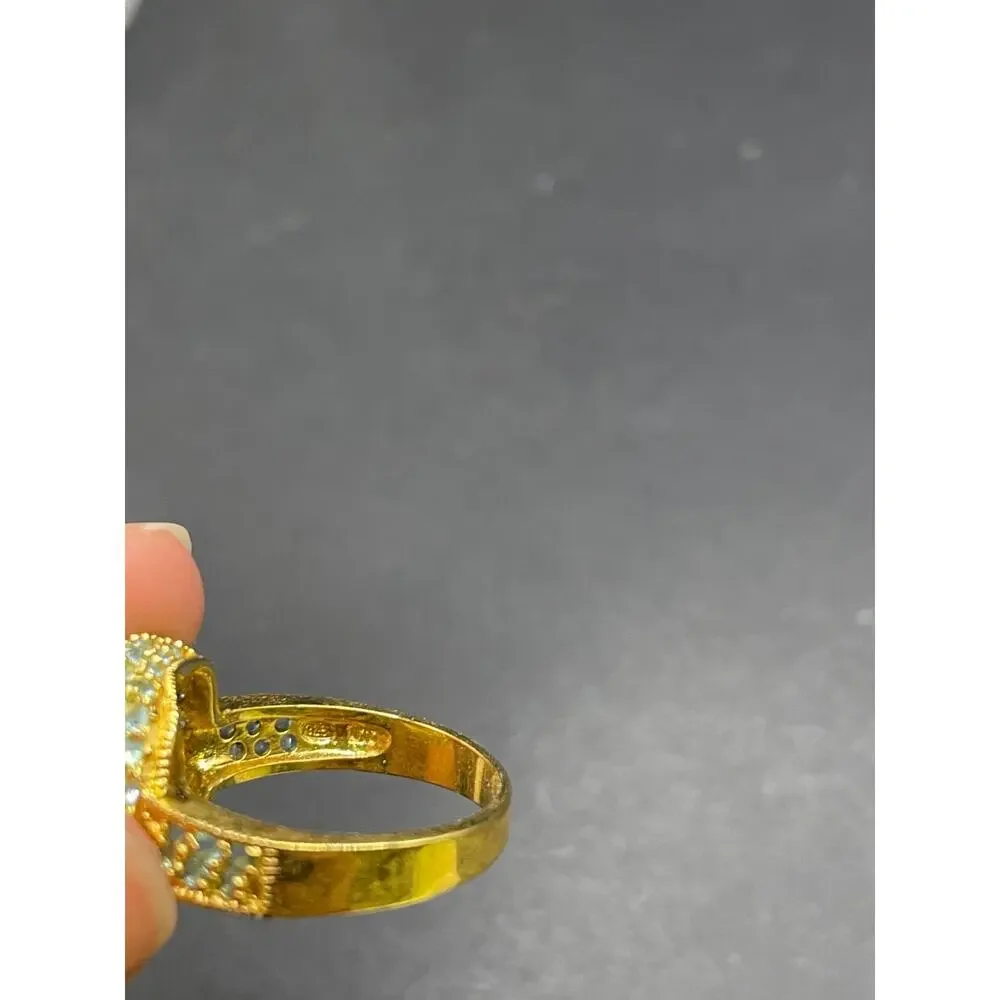 925 Sterling Silver Gold Plated Aquamarine Halo Cocktail Statement Ring Sz 9.75